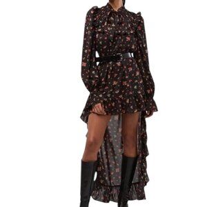 WeWoreWhat Black Multi Polka Dot Floral High Low Dress Pleated Ruffle Size XS